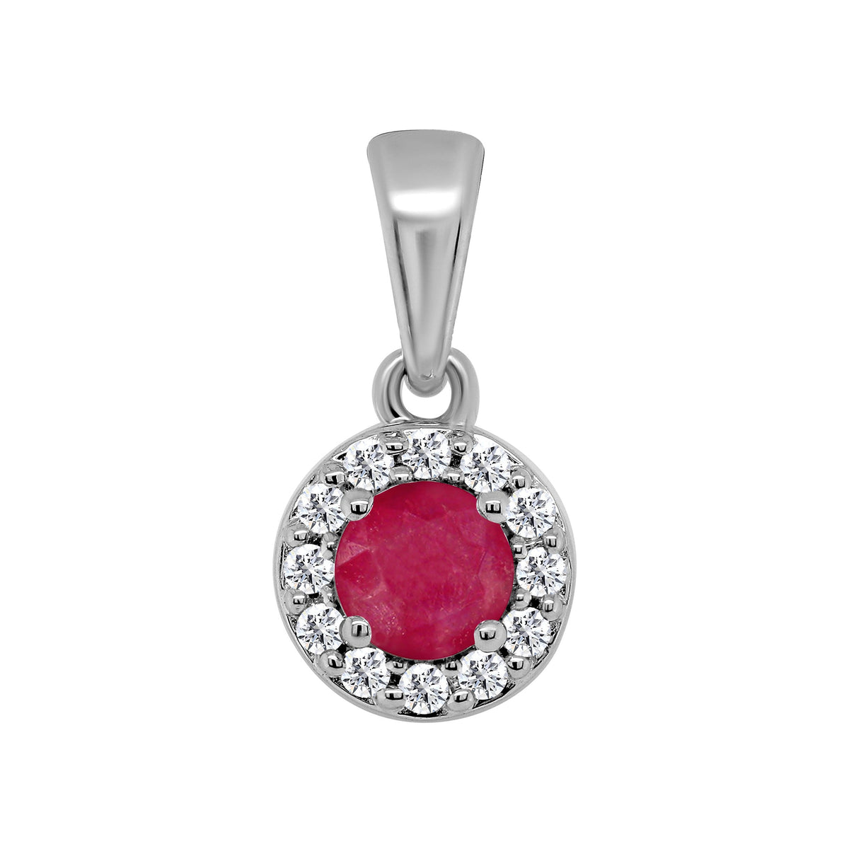 9ct white gold 3.60mm ruby &amp; diamond halo cluster pendant 0.06ct