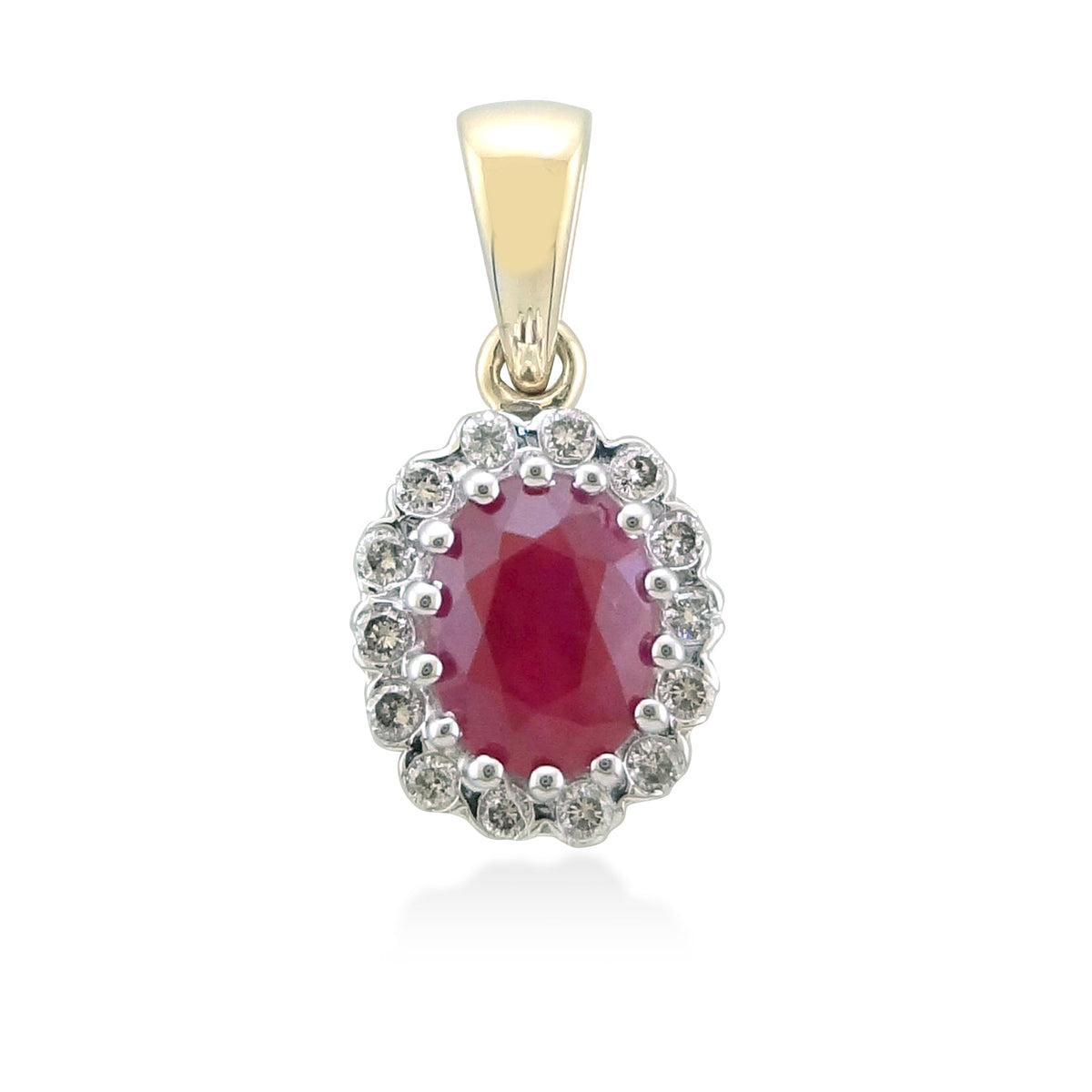 9ct gold 7x5mm oval ruby &amp; diamond cluster pendant 0.12ct