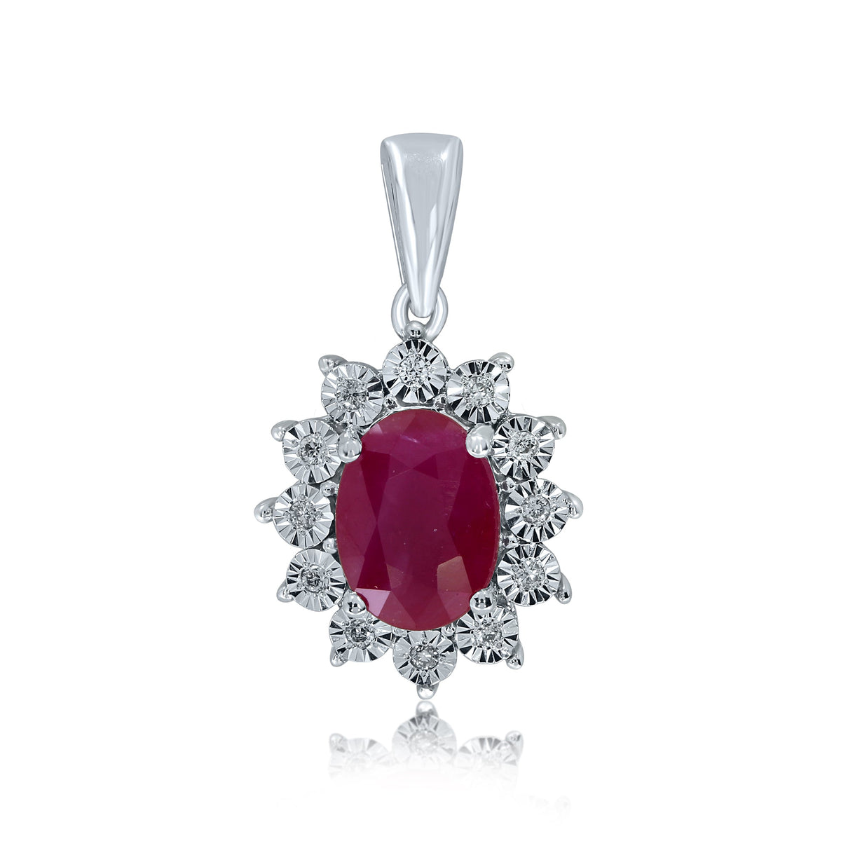 9ct white gold 7x5mm oval ruby &amp; miracle plate diamond cluster pendant 0.04ct