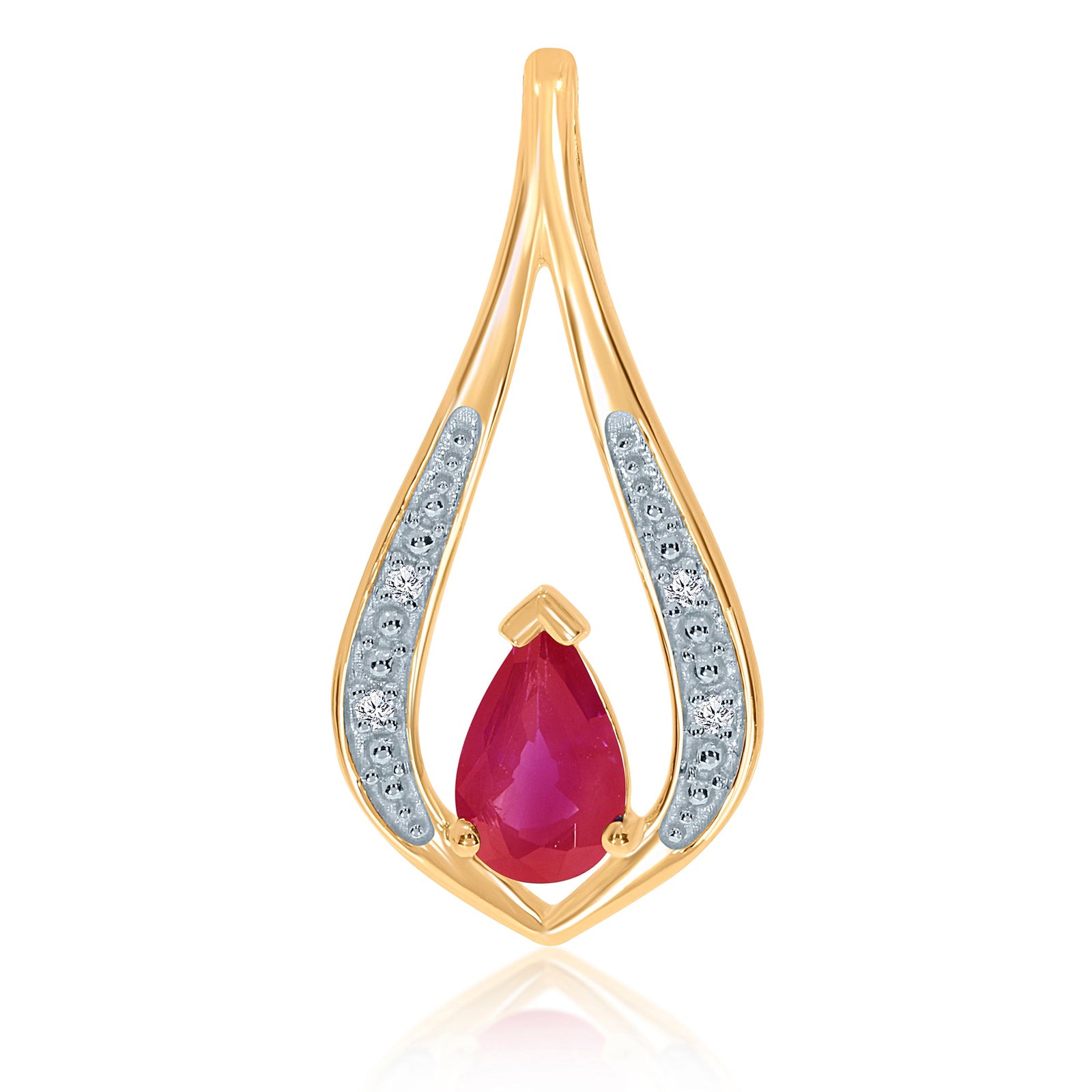 9ct gold 6x4mm pear shape ruby & diamond long pendant 0.01ct