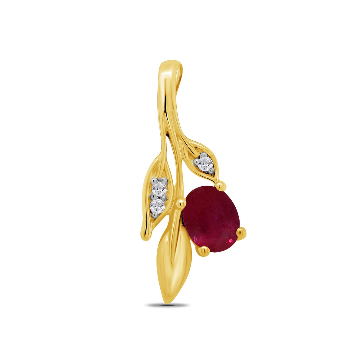 9ct gold 5x4mm oval ruby &amp; diamond set leaf pendant 0.02ct