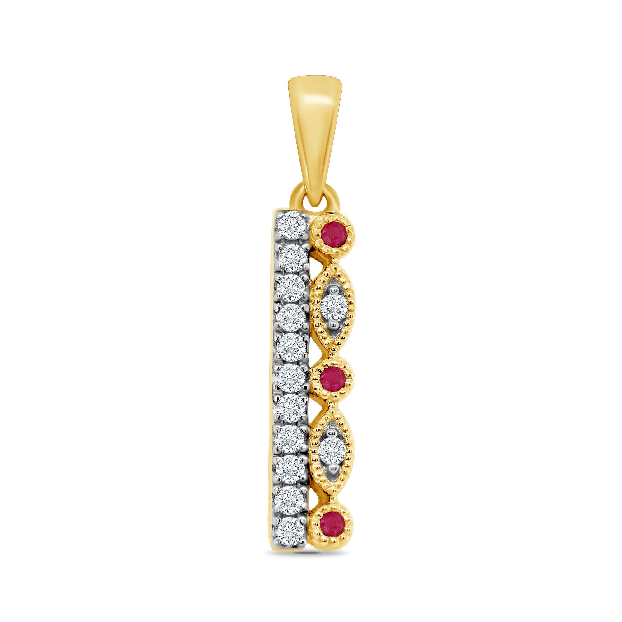 9ct gold two row ruby & diamond bar pendant 0.10ct