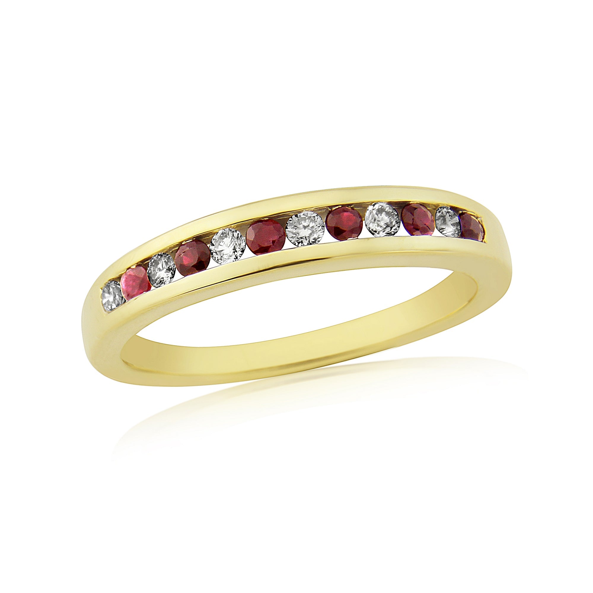 9ct gold channel set ruby & diamond half et ring 0.12ct