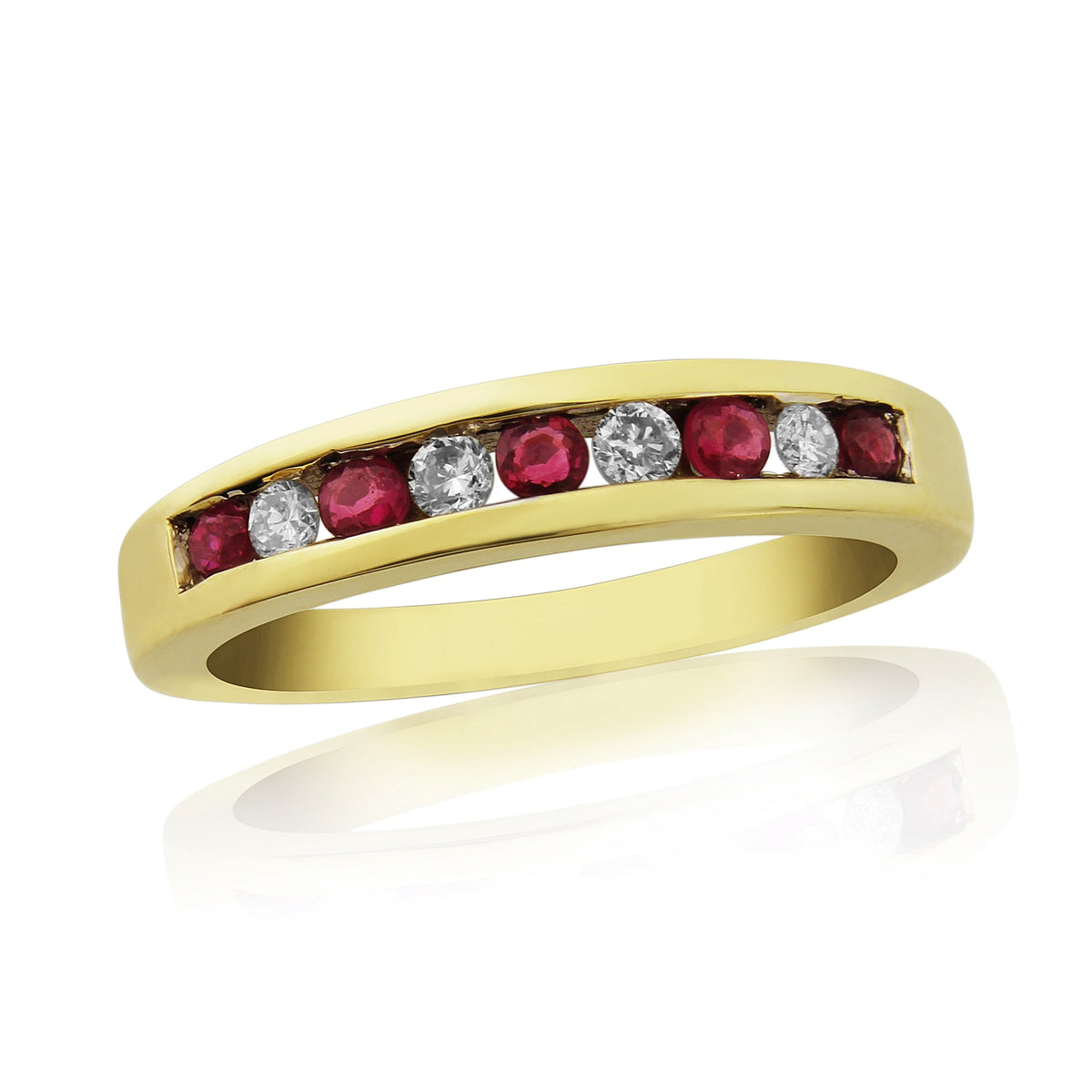 9ct gold channel set ruby &amp; diamond half et ring 0.14ct