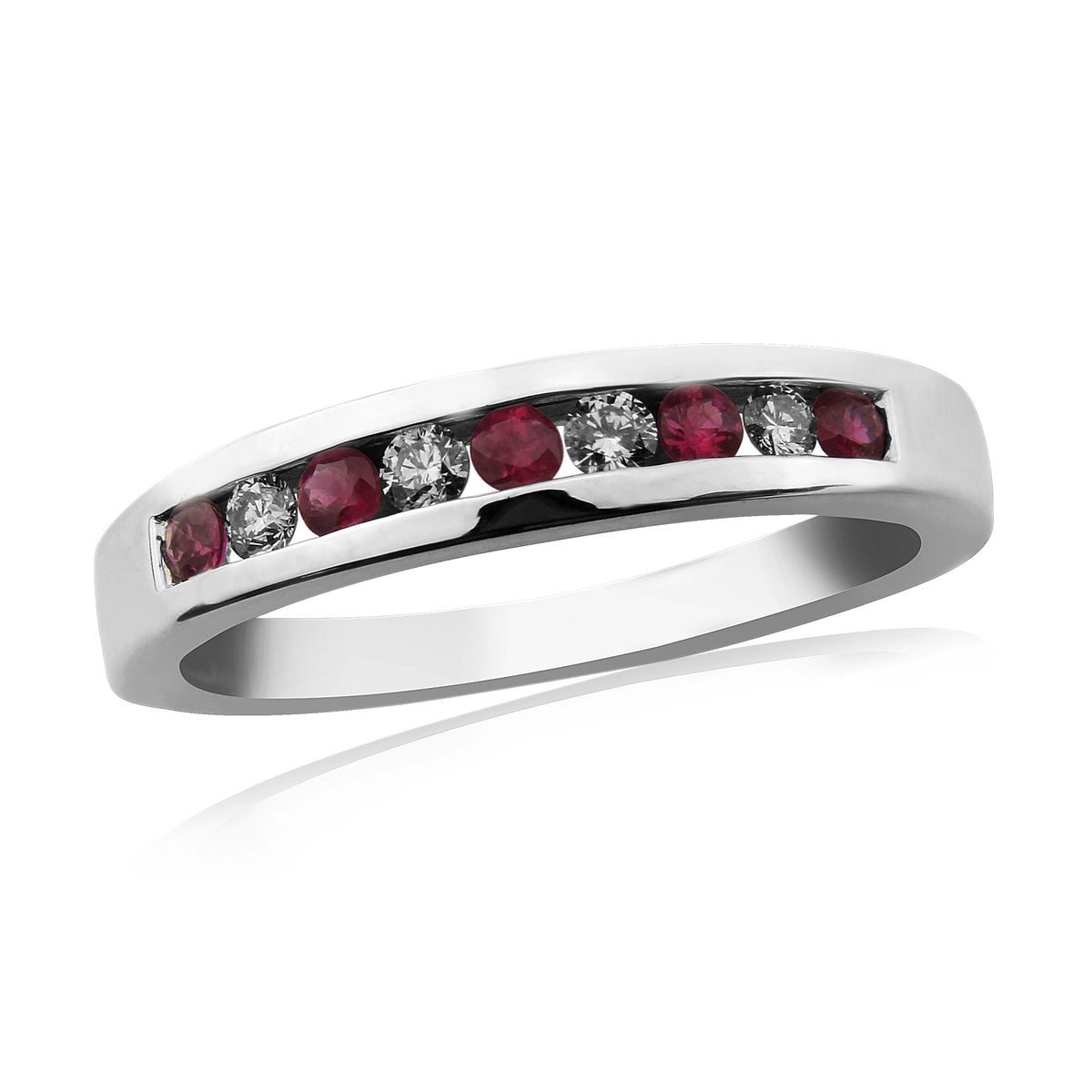 9ct white gold channel set ruby &amp; diamond half et ring 0.14ct