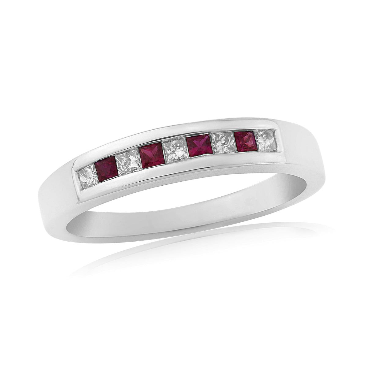 9ct white gold channel set princess cut ruby &amp; diamond half et ring 0.12ct