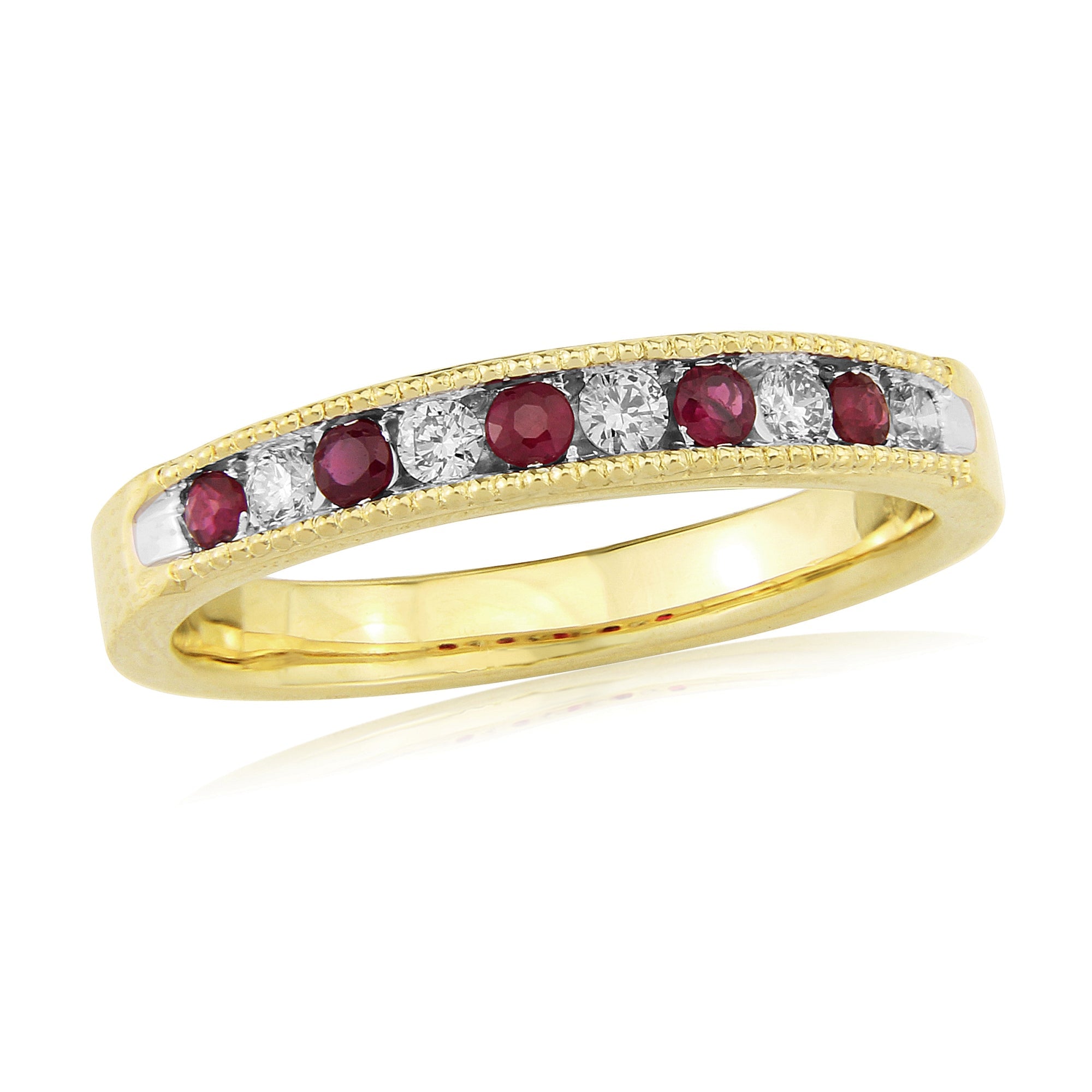 9ct gold 2mm round machine cut milgrain edge ruby & diamond half eternity ring 0.13ct