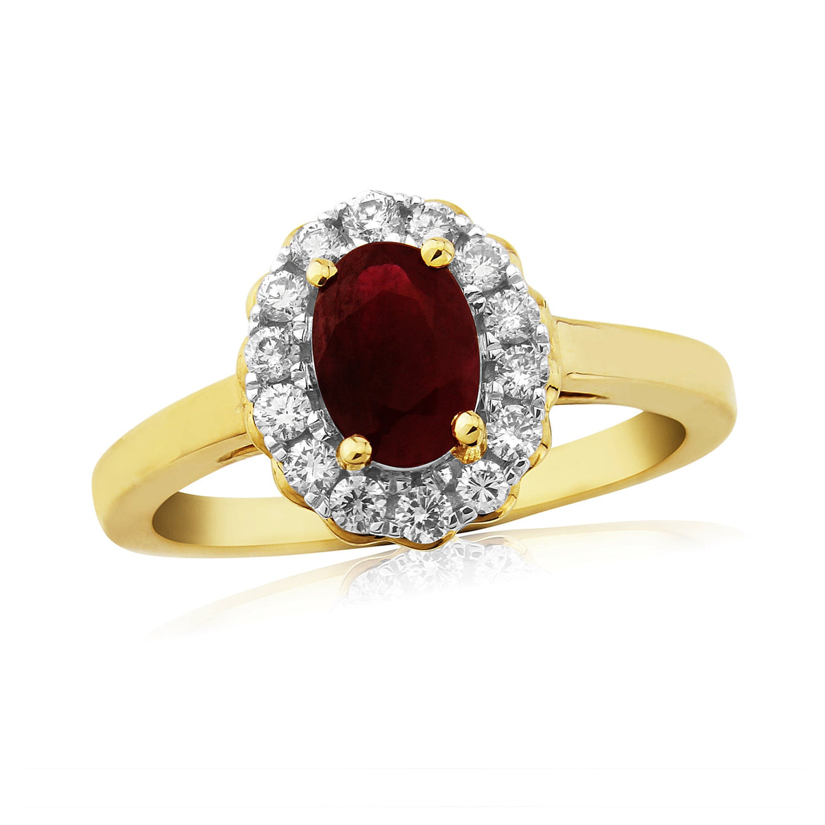 9ct gold 7x5mm oval ruby &amp; diamond cluster ring 0.21ct