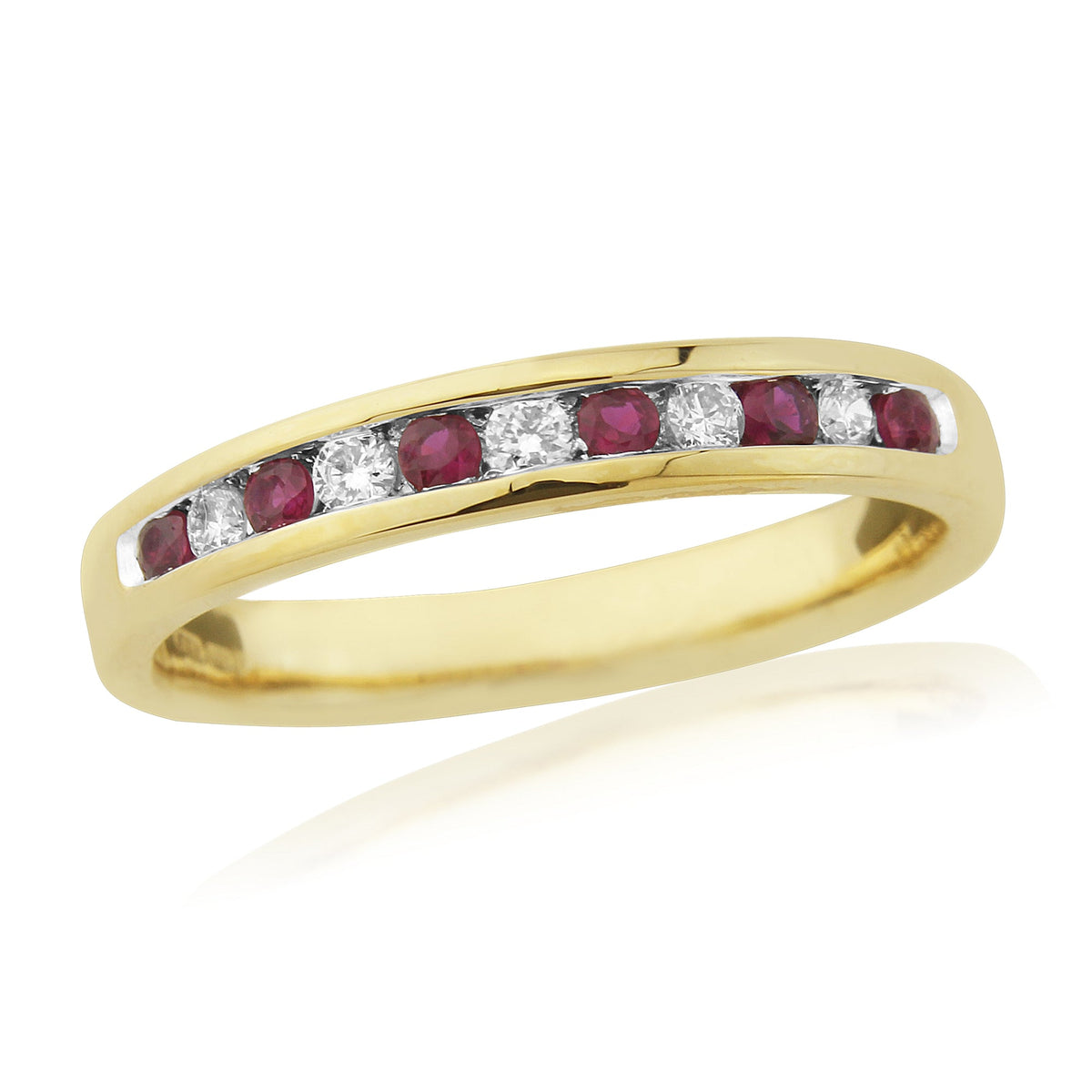 9ct gold channel set ruby &amp; diamond half eternity ring 0.11ct