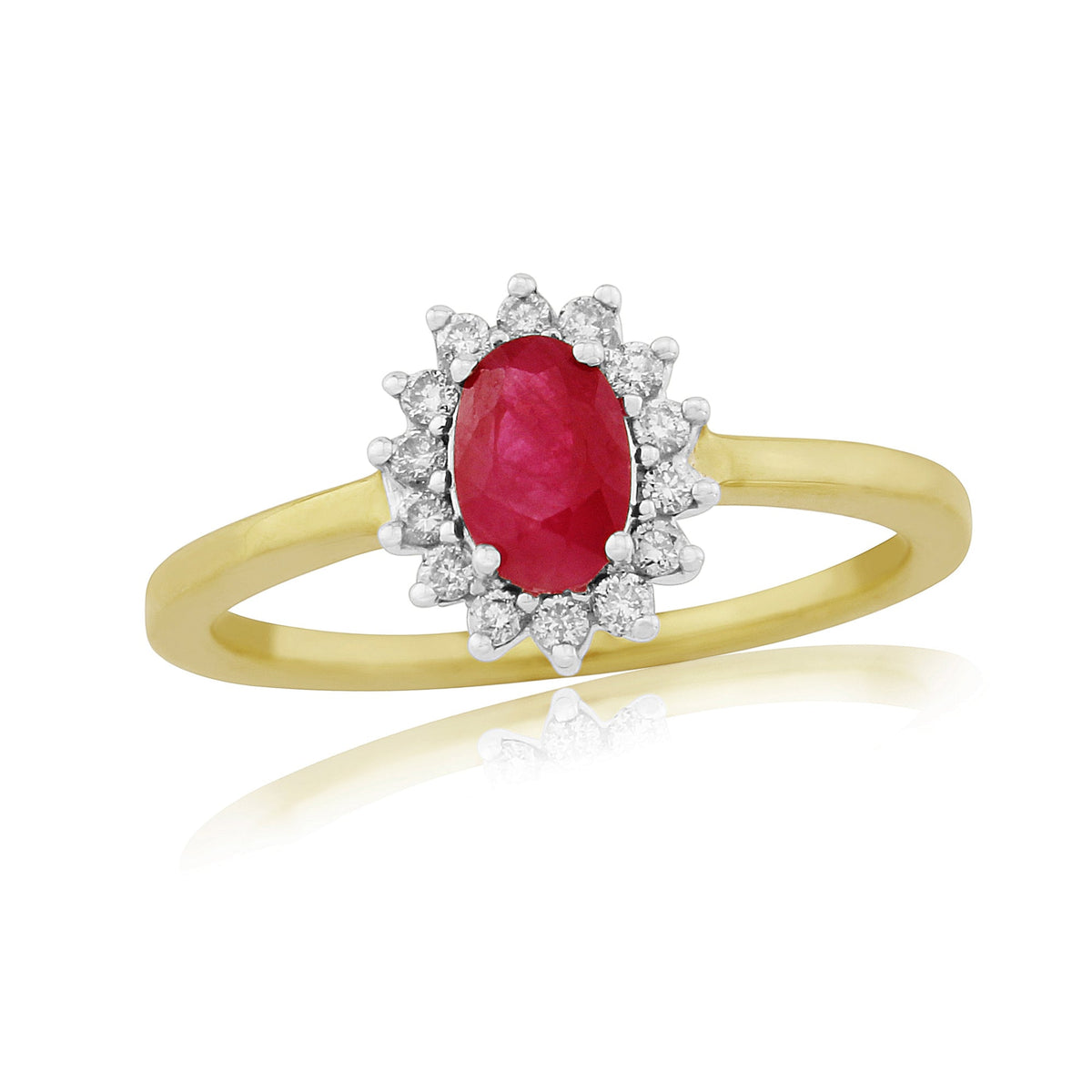 9ct gold 6x4mm oval ruby &amp; diamond cluster ring 0.16ct