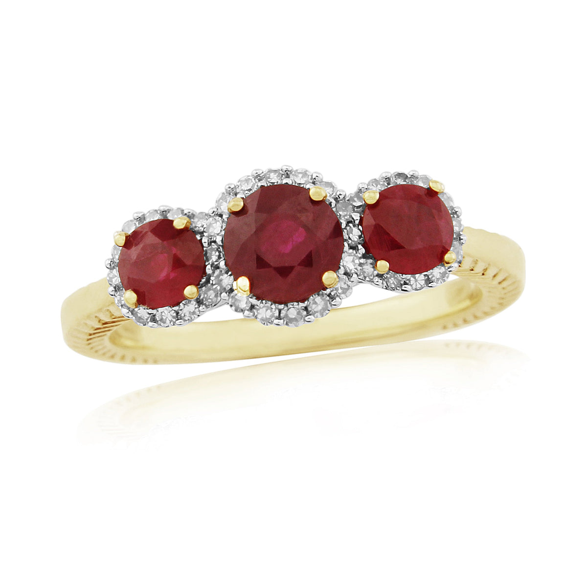 9ct gold triple 5mm &amp; 4mm round ruby &amp; diamond cluster ring 0.17ct