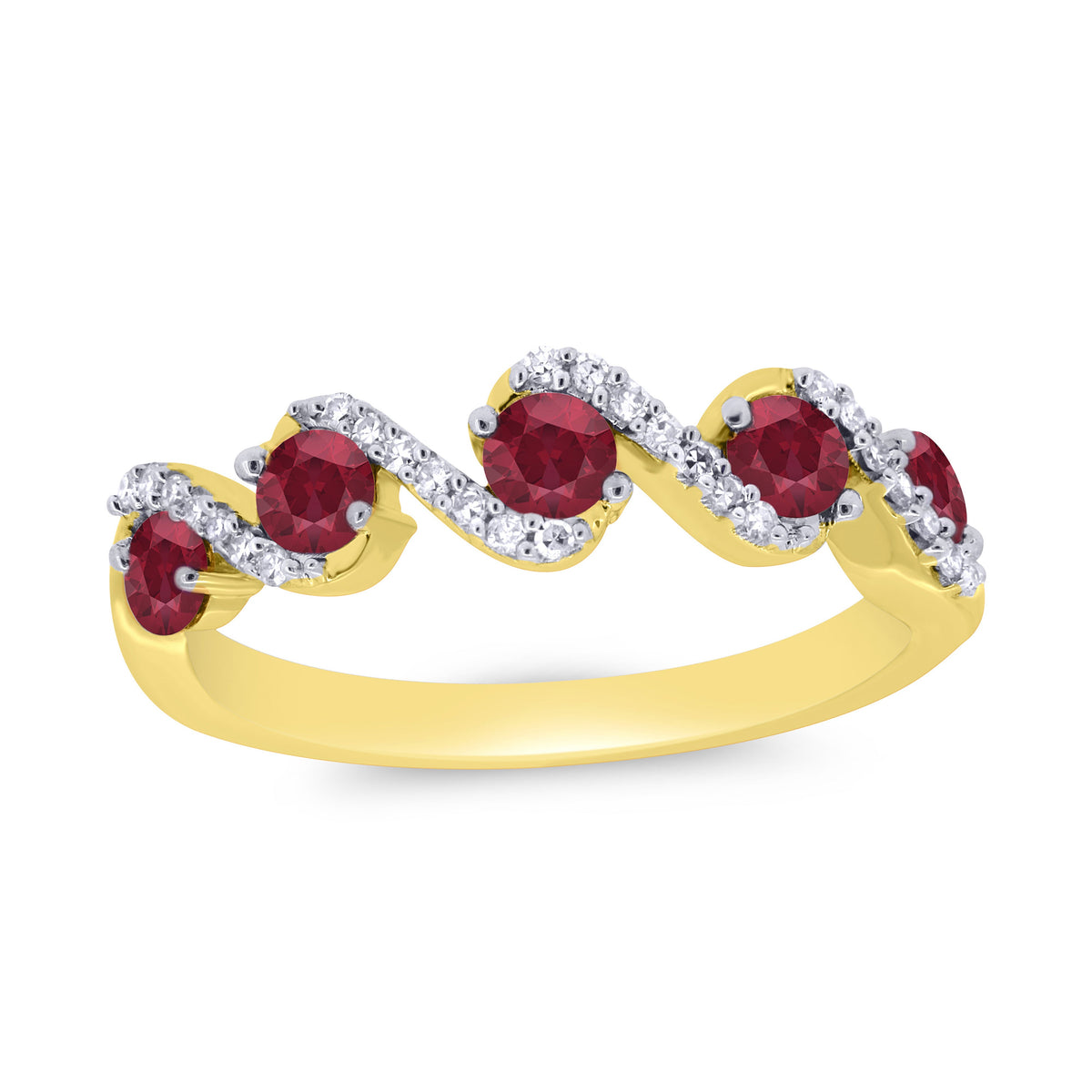 9ct gold 3mm ruby &amp; diamond set swirl half eternity ring 0.10ct