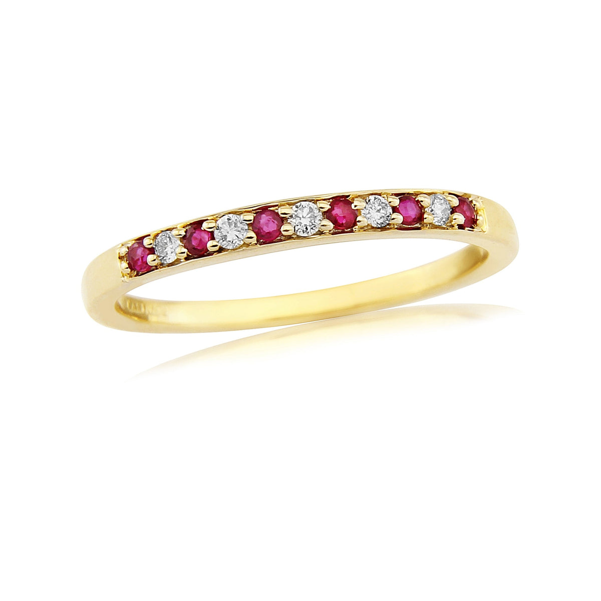 9ct gold 1.3mm round ruby &amp; diamond half eternity ring 0.07ct