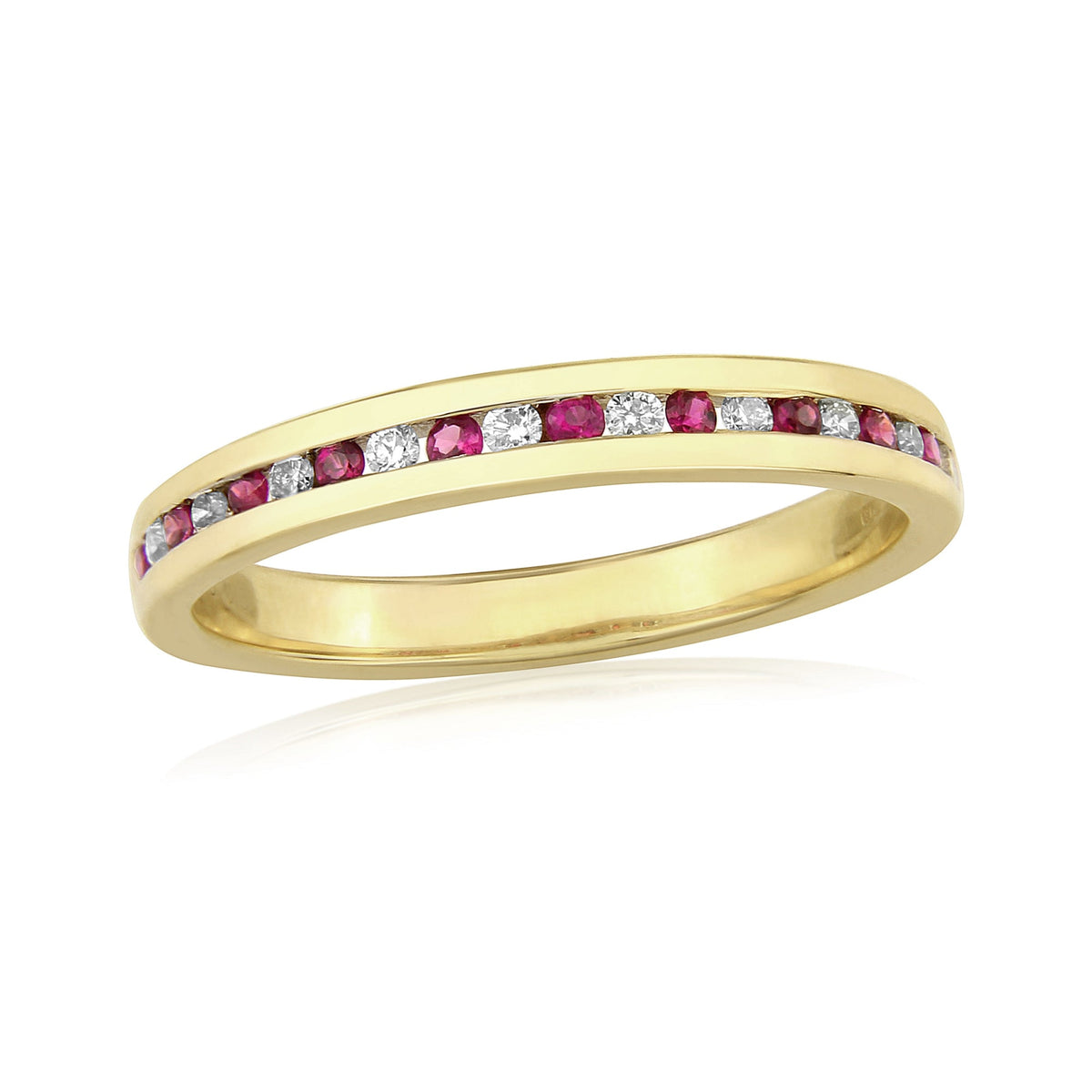 9ct gold channel set ruby &amp; diamond half eternity ring 0.10ct