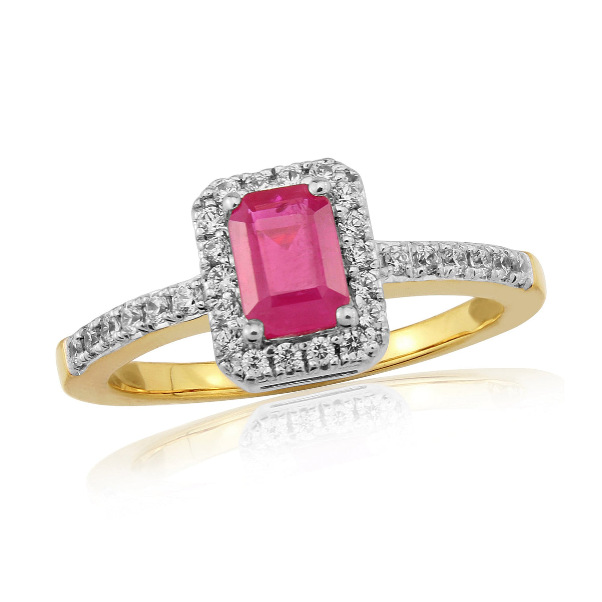 9ct gold 6x4mm octagon cut ruby &amp; diamond cluster ring 0.23ct