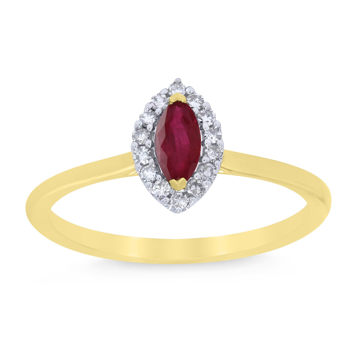 9ct gold 5x3mm marquise shape ruby &amp; diamond cluster ring 0.10ct