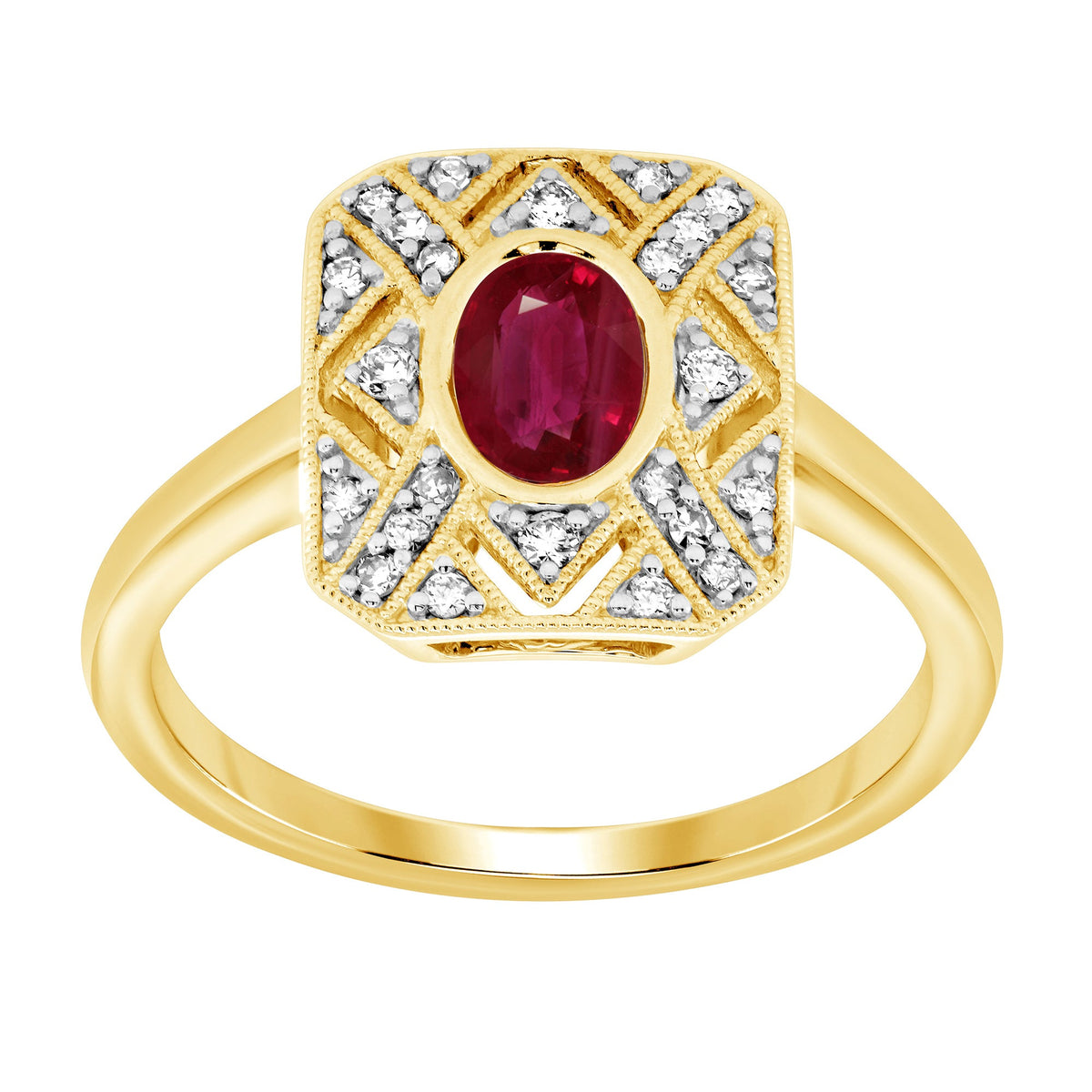 9ct gold 7x5mm oval ruby &amp; diamond antique style ring 0.17ct