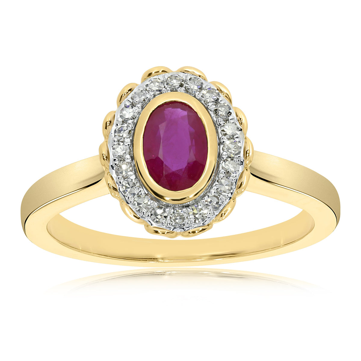 9ct gold 6x4mm oval ruby &amp; diamond cluster ring 0.13ct