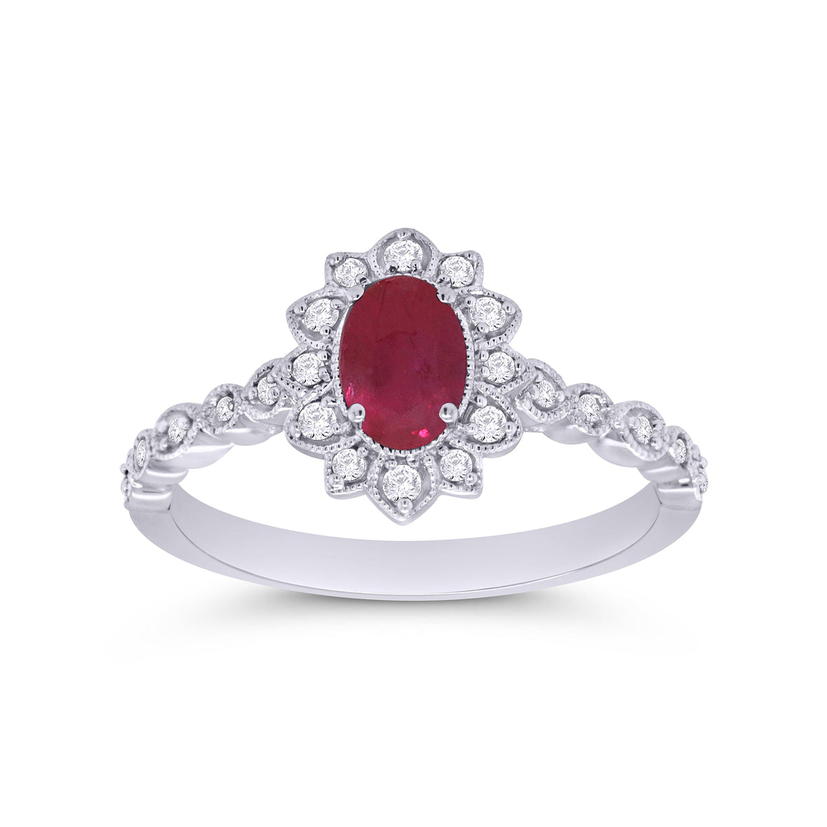 9ct white gold 6x4mm oval ruby &amp; diamond cluster ring with diamond set shoulders 0.15ct