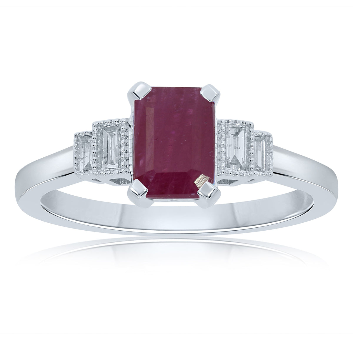 9ct white gold 7x5mm octagon cut ruby &amp; stepped diamond shoulders ring 0.11ct