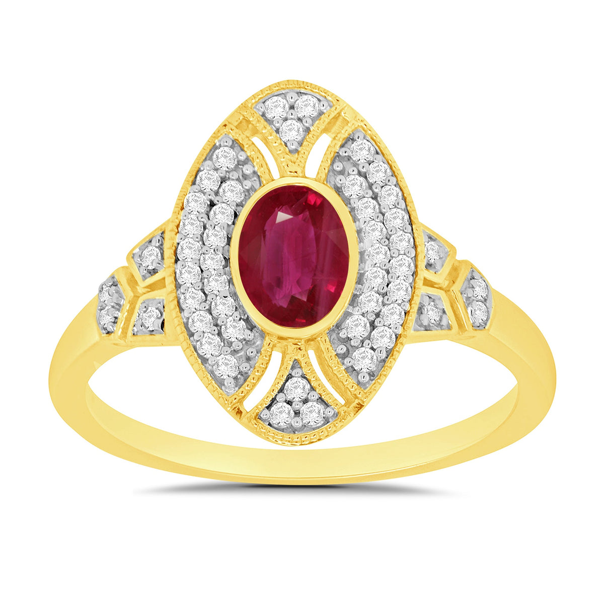 9ct gold 6x4mm oval ruby &amp; antique style diamond cluster ring 0.18ct