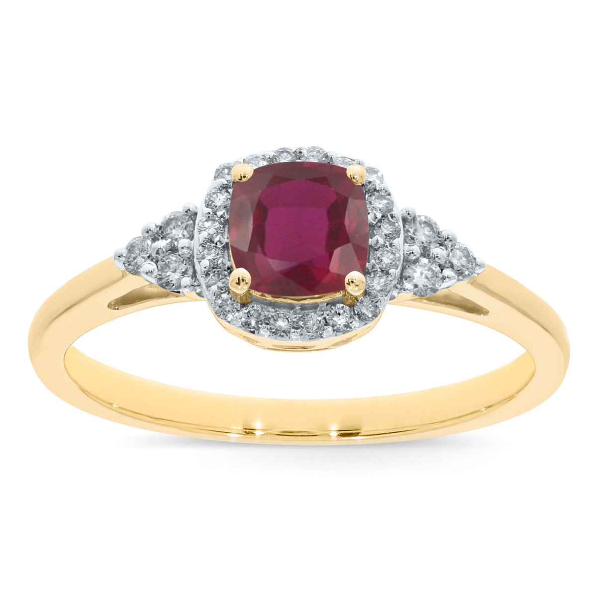 9ct gold 5mm cushion shape ruby &amp; diamond ring 0.15ct