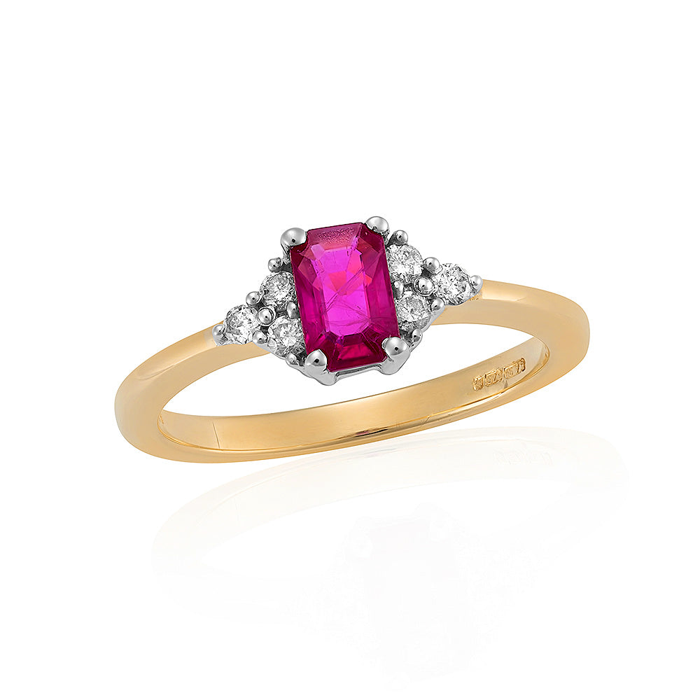 9ct gold 6x4mm octagon cut ruby &amp; three stone diamond shoulders ring 0.14ct