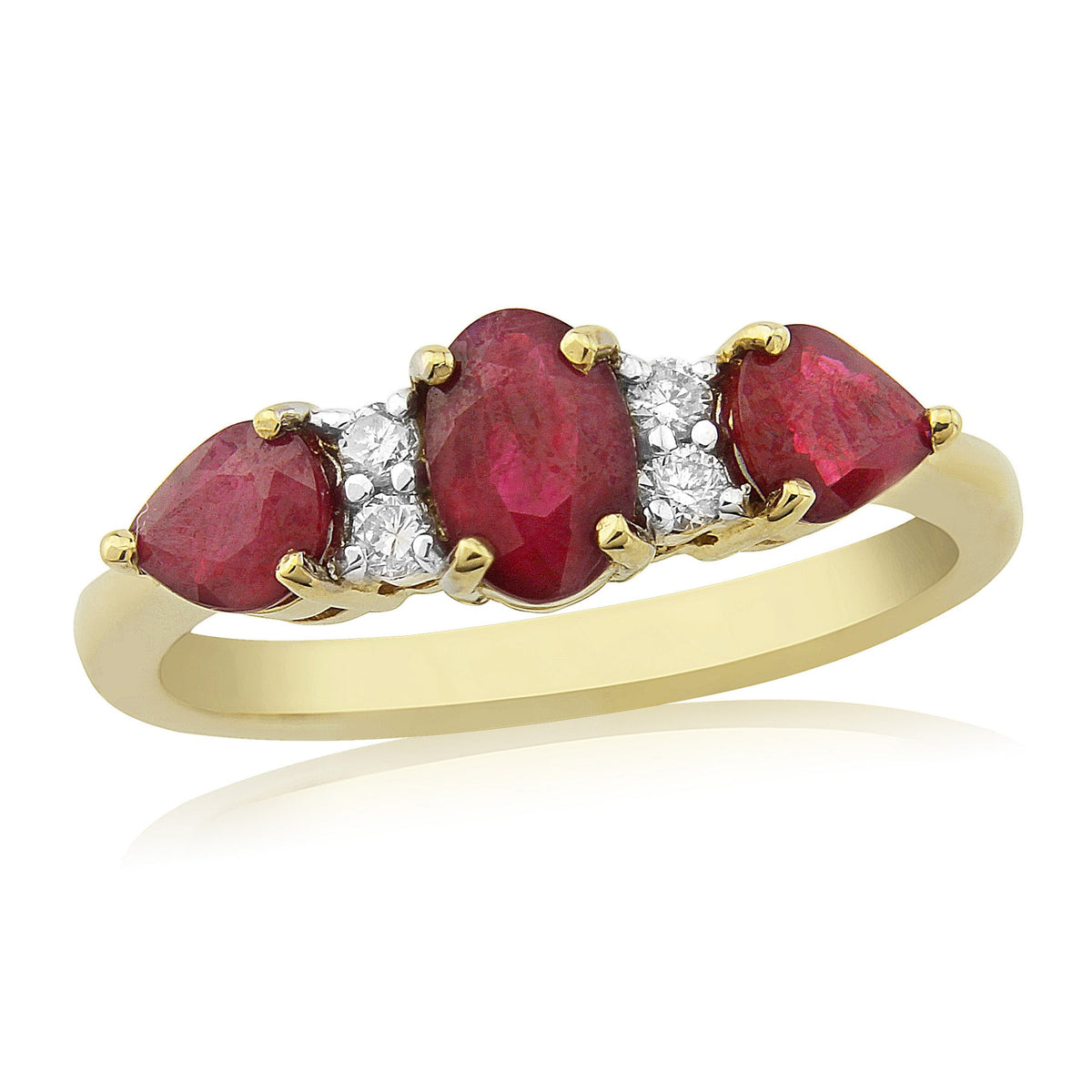 9ct 6x4mm oval ruby with two 5x4mm pear shape rubies &amp; diamond ring 0.11ct