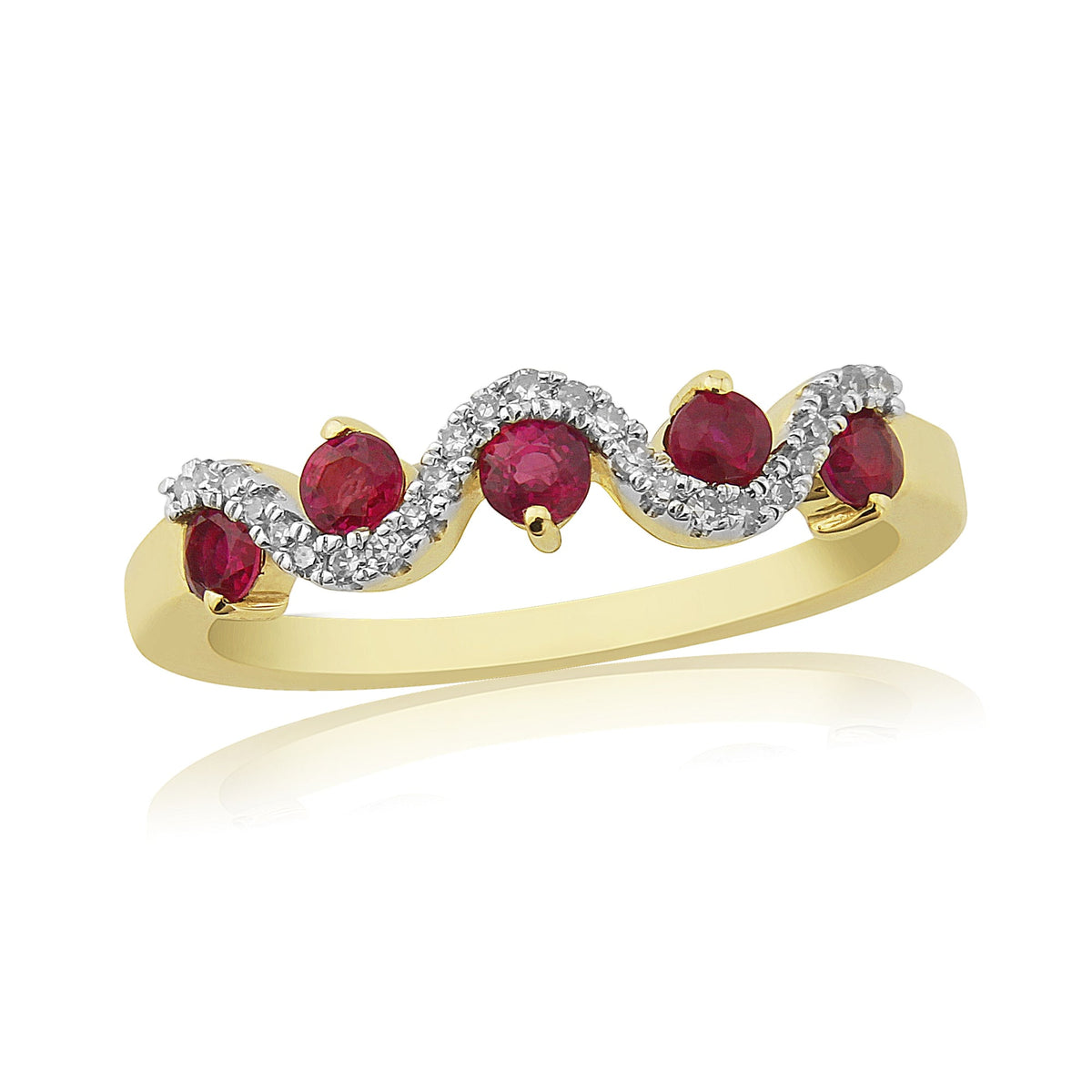 9ct gold 2.30mm round ruby &amp; diamond set wave eternity ring 0.10ct