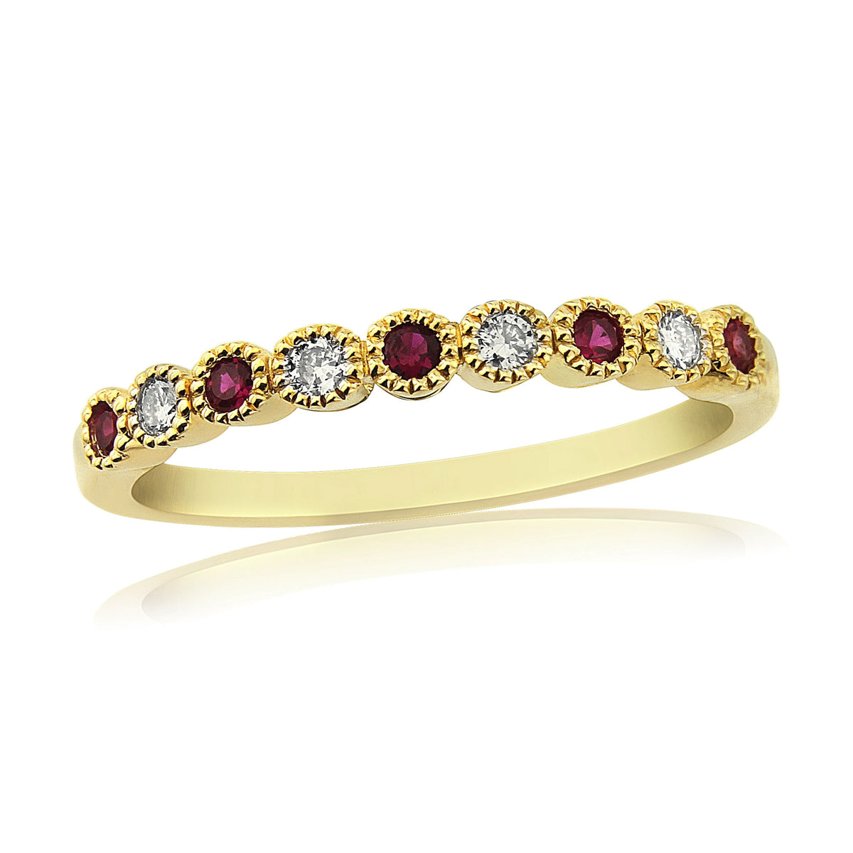 9ct gold 2.00mm ruby &amp; diamond millgrain edge set half et ring 0.08ct