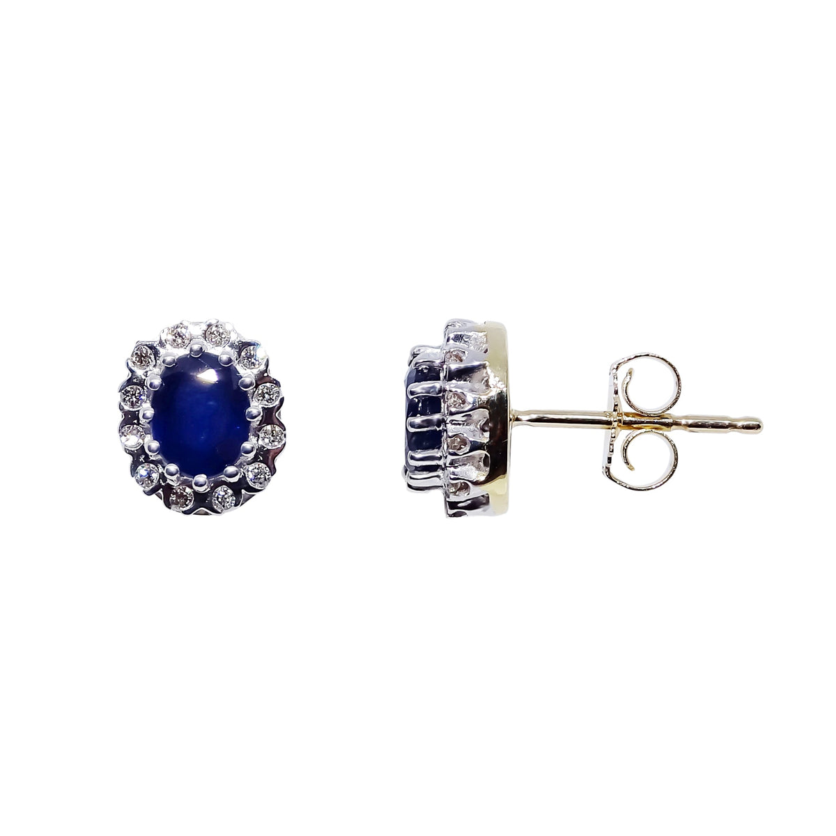 9ct gold 5x4mm oval sapphire &amp; diamond cluster stud earrings 0.12ct