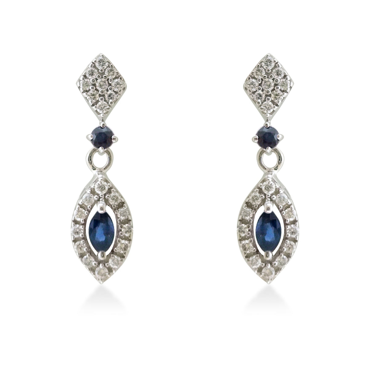 9ct white gold 4x2mm marquise shape &amp; 2mm round sapphire &amp; diamond drop earrings 0.22ct