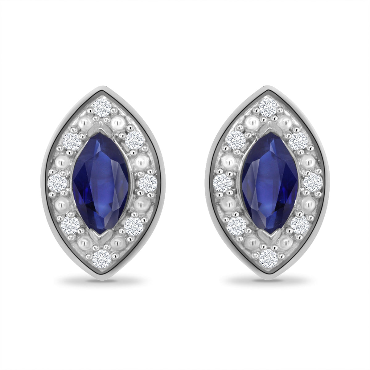 9ct white gold 5x3mm marquise shape sapphire &amp; diamond stud earrings 0.05ct