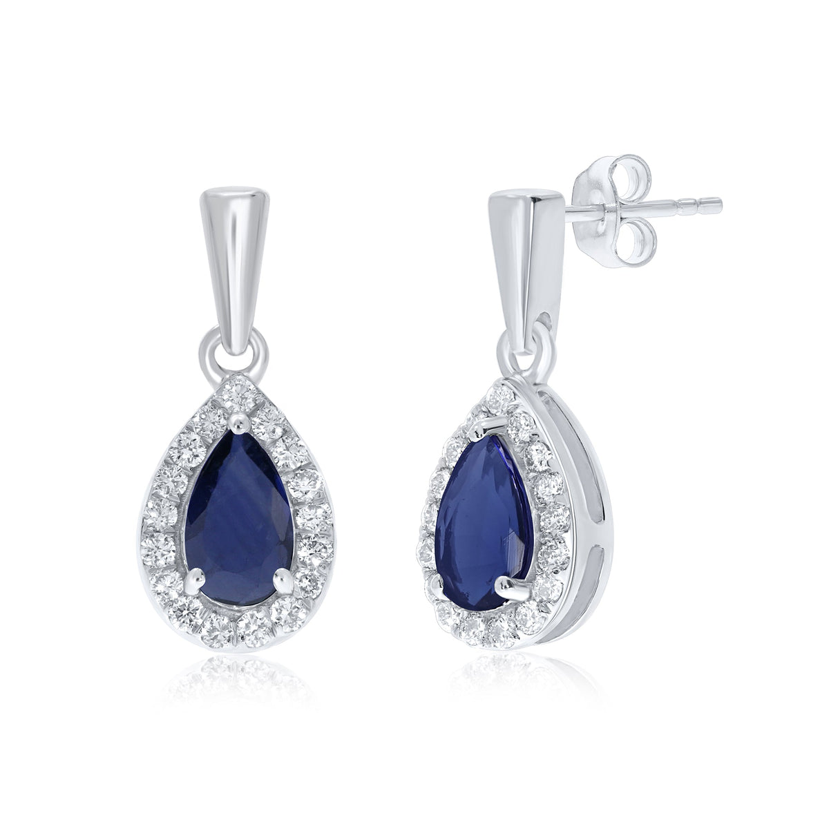 9ct white gold 5x3mm pear shape sapphire &amp; diamond drop earrings 0.11ct