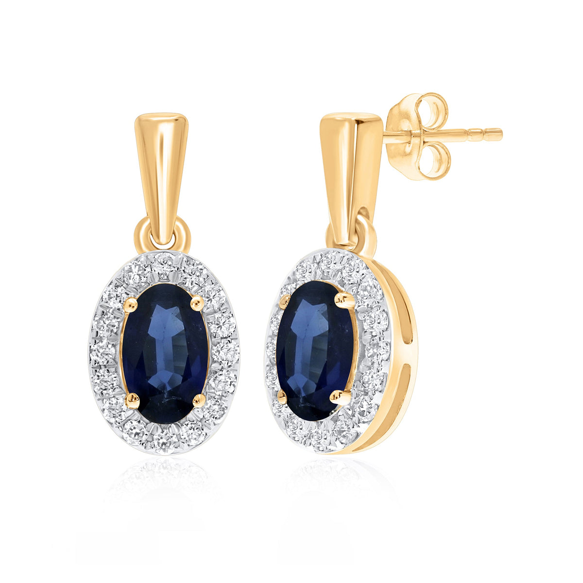 9ct gold 5x3mm oval sapphire &amp; diamond cluster drop earrings 0.14ct