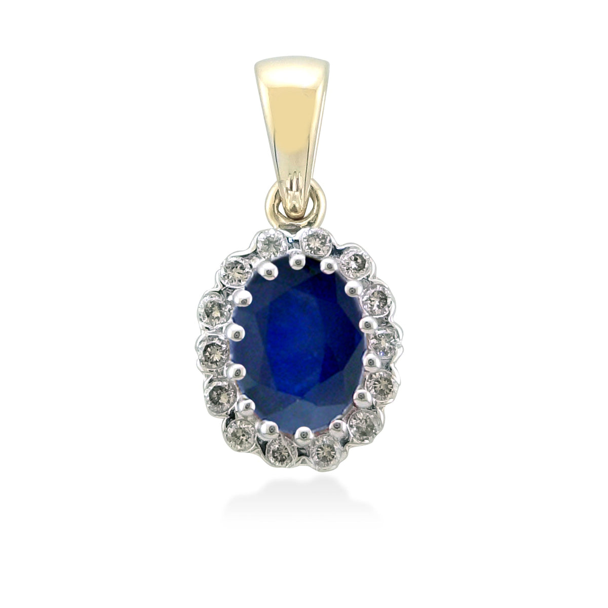 9ct gold 7x5mm oval sapphire &amp; diamond cluster pendant 0.12ct