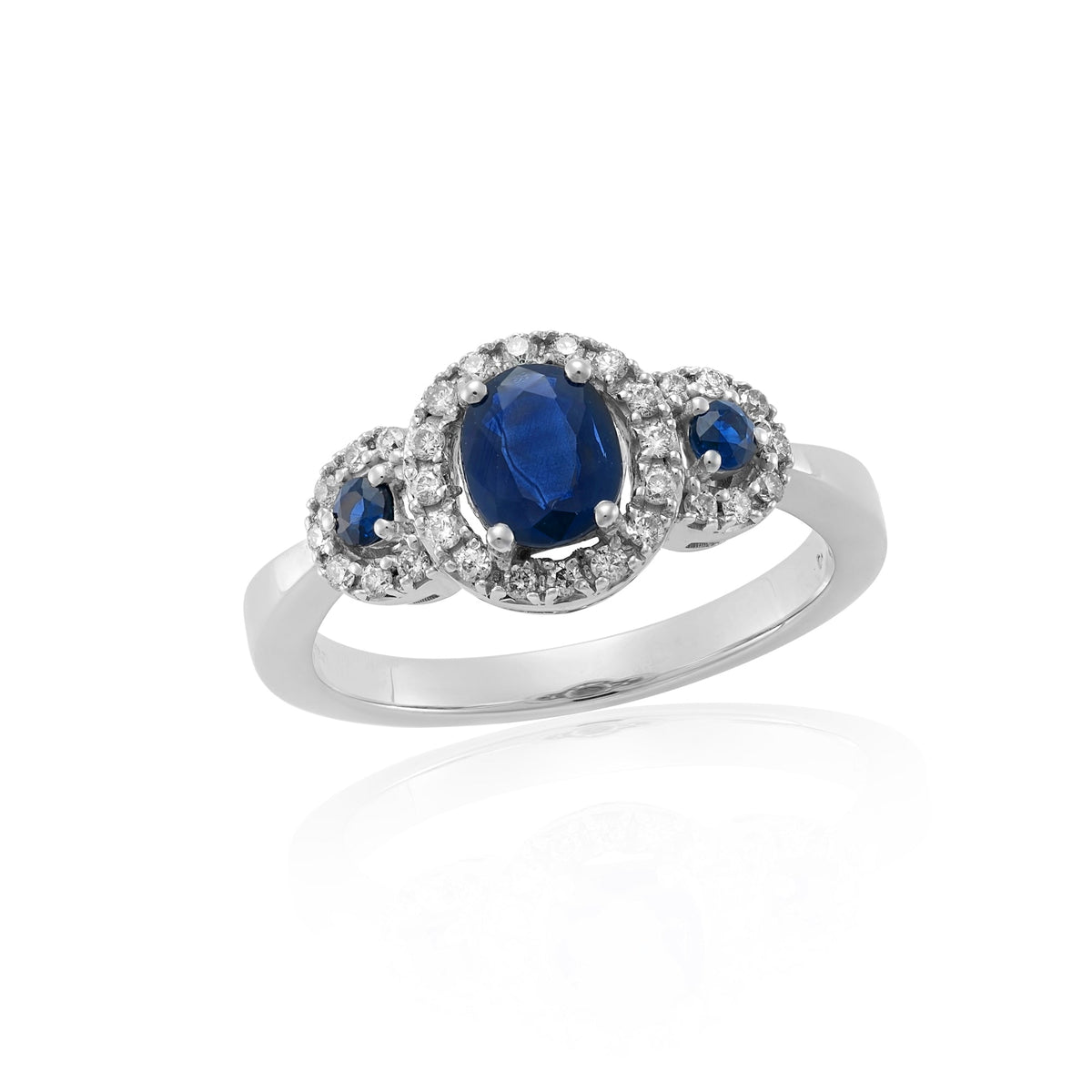 9ct white gold triple sapphire (Ov 6x5mm &amp; Rd 2.25mm) &amp; diamond cluster ring 0.21ct