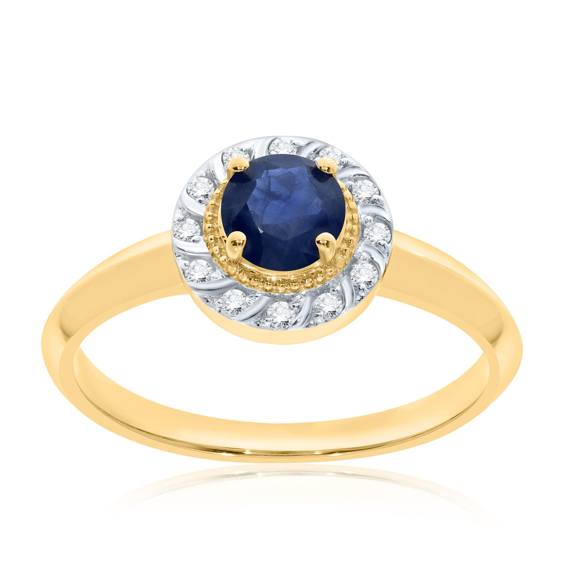 9ct gold 5mm round sapphire &amp; diamond halo cluster ring 0.08ct