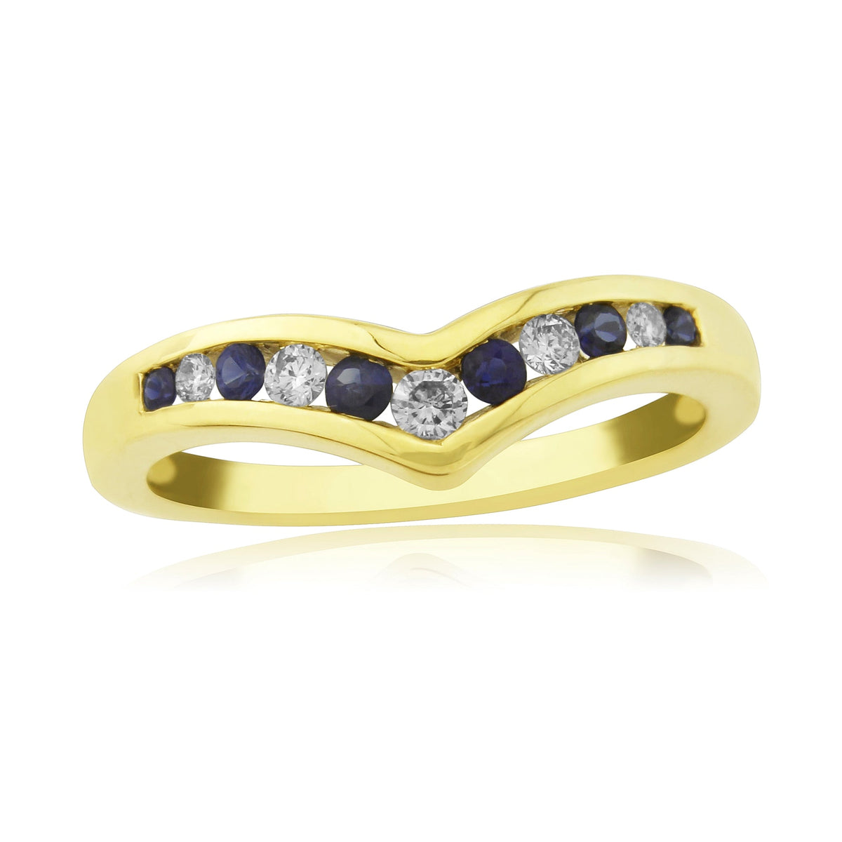 9ct gold channel set sapphire &amp; diamond wishbone ring 0.12ct