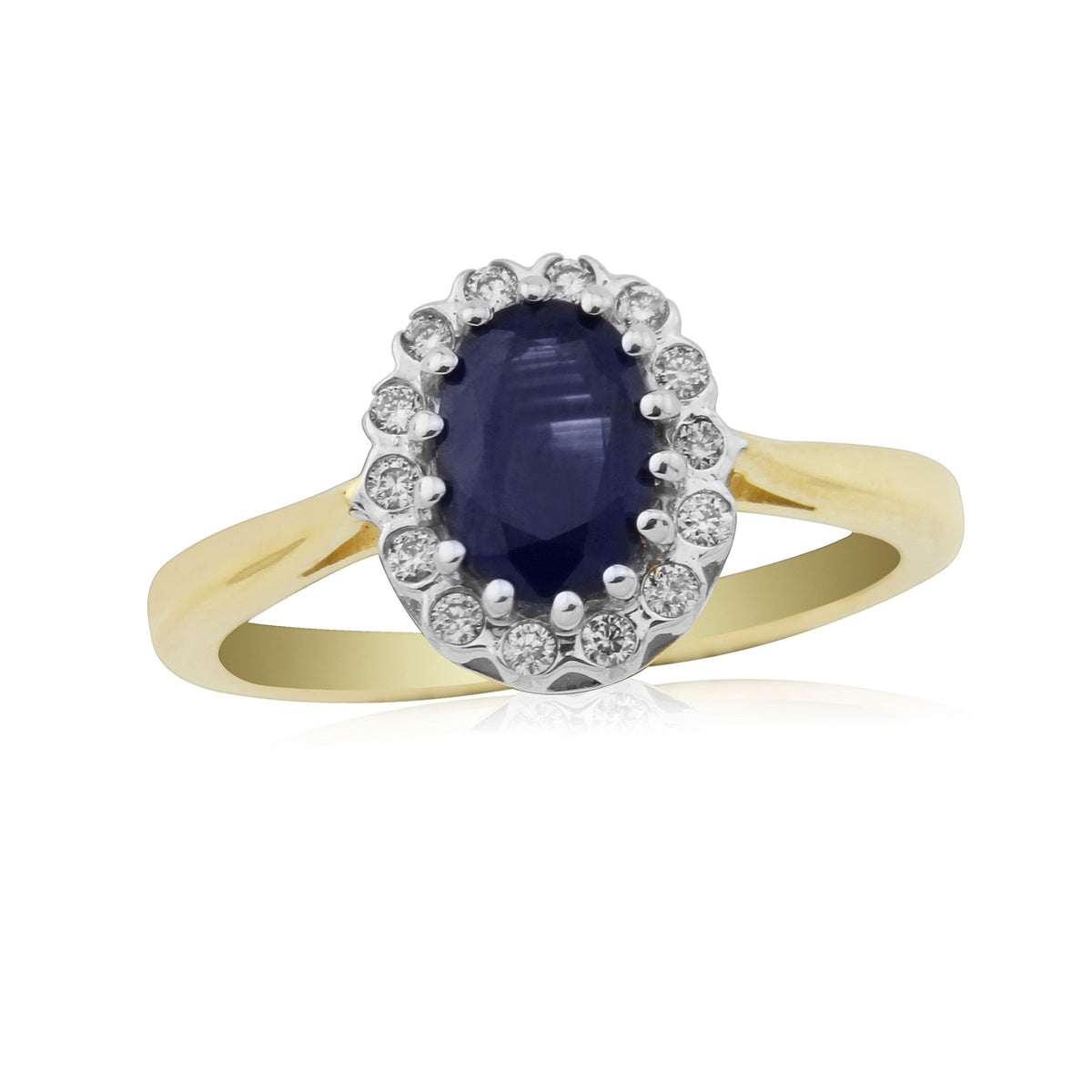 9ct gold 7x5mm oval sapphire &amp; diamond cluster ring 0.12ct