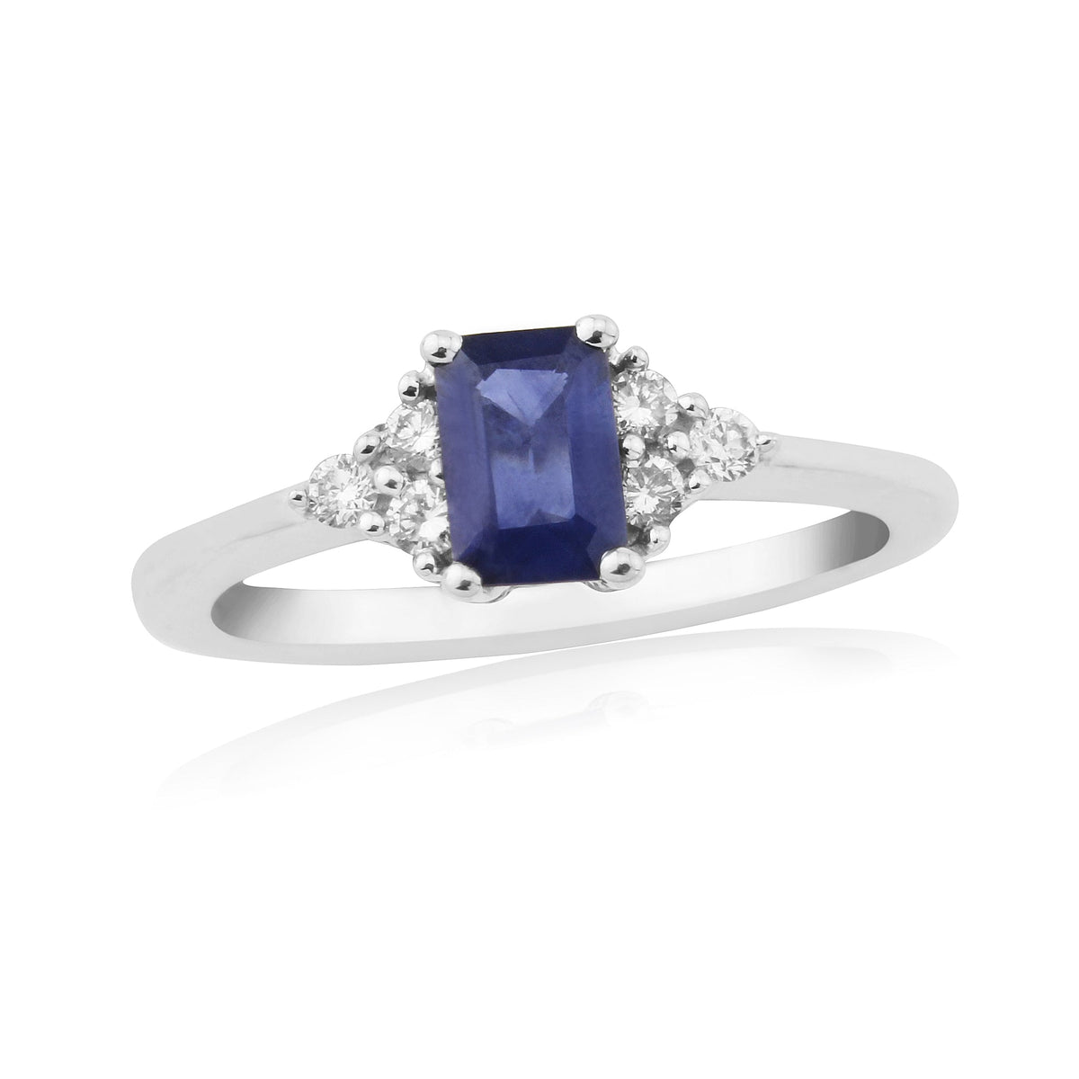 9ct white gold 6x4mm octagon cut rsapphire &amp; three stone diamond shoulders ring 0.14ct