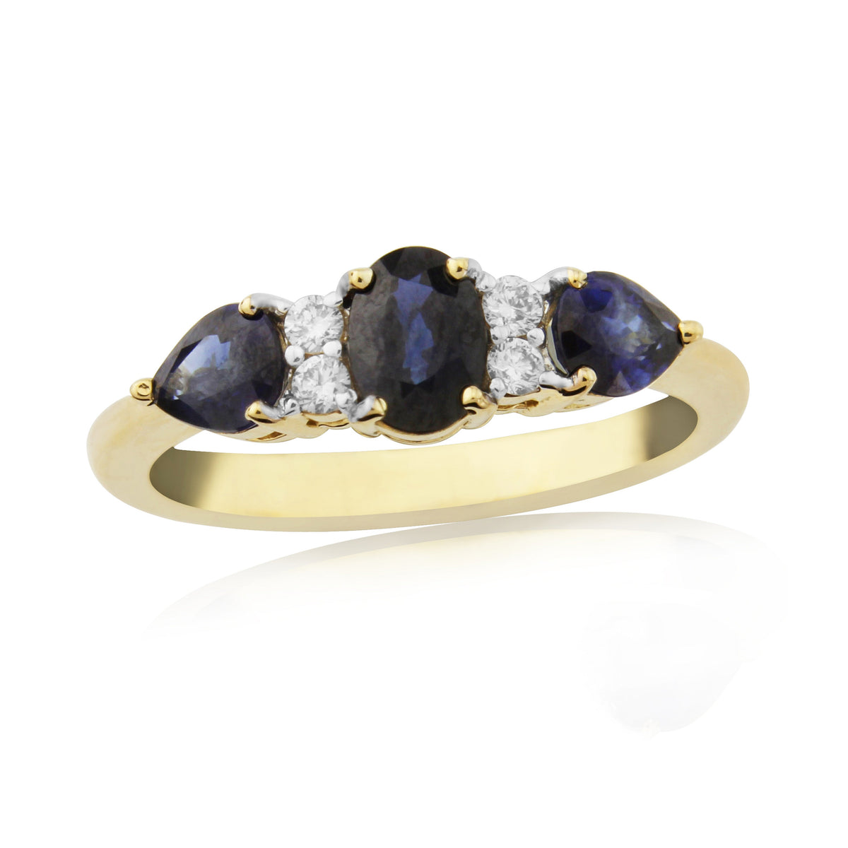 9ct 6x4mm oval sapphire with two 5x4mm pear shape sapphires &amp; diamond ring 0.11ct