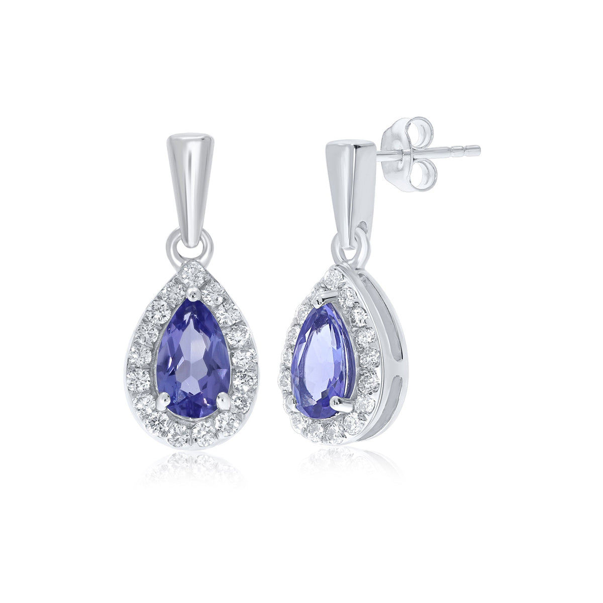 9ct white gold 5x3mm pear shape tanzanite &amp; diamond drop earrings 0.11ct