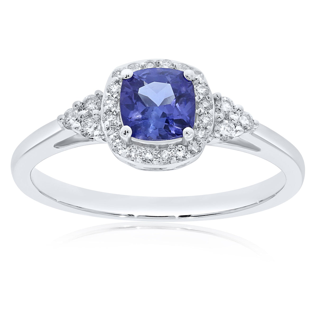 9ct white gold 5mm cushion shape tanzanite &amp; diamond ring 0.15ct