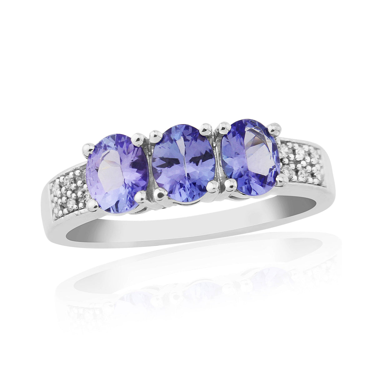 9ct white gold triple 5x4mm oval tanzanite &amp; diamond ring 0.06ct