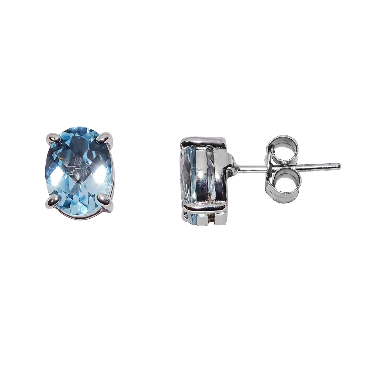 9ct white gold checkerboard 8x6mm oval blue topaz stud earrings