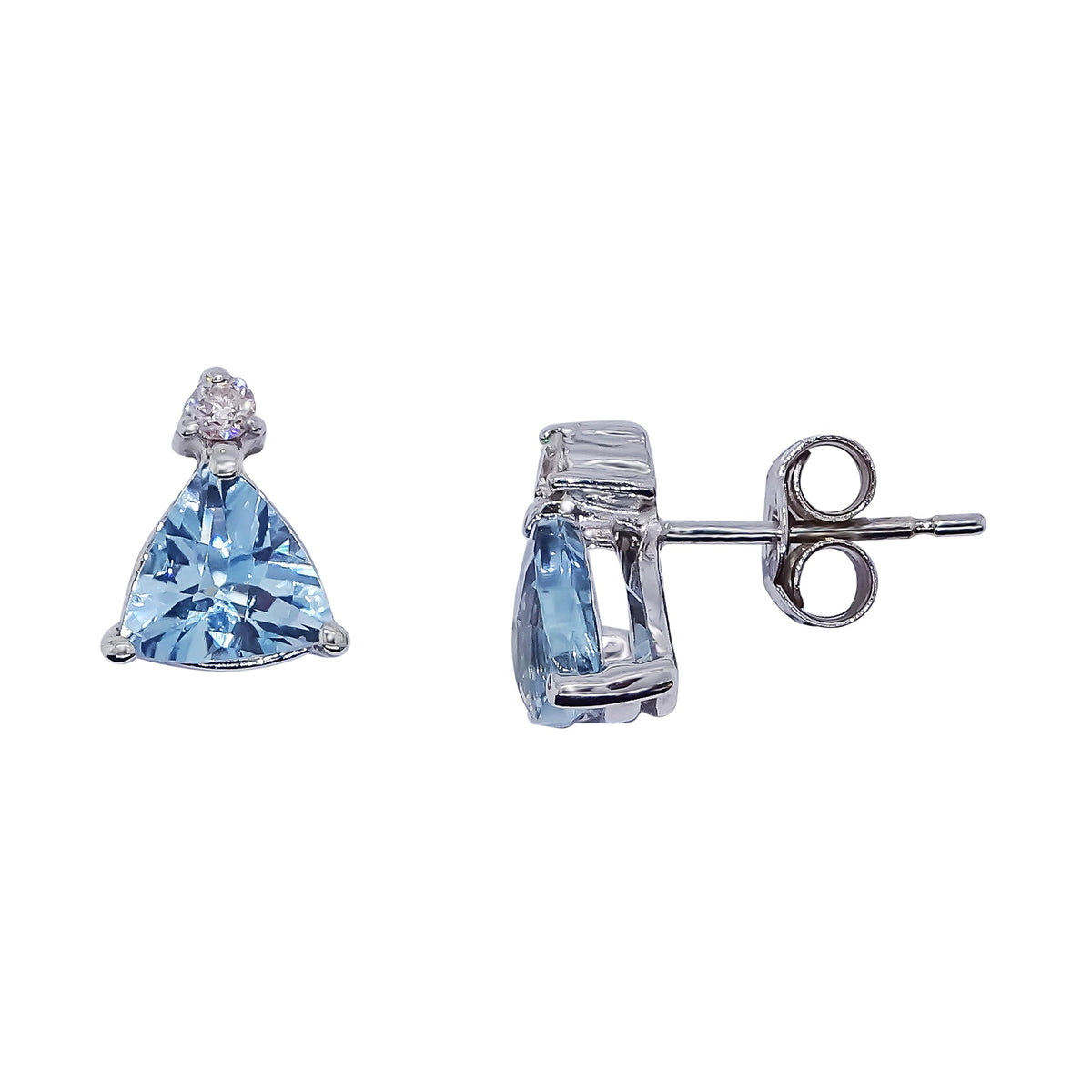 9ct white gold 6mm trillion blue topaz &amp; diamond stud earrings 0.06ct