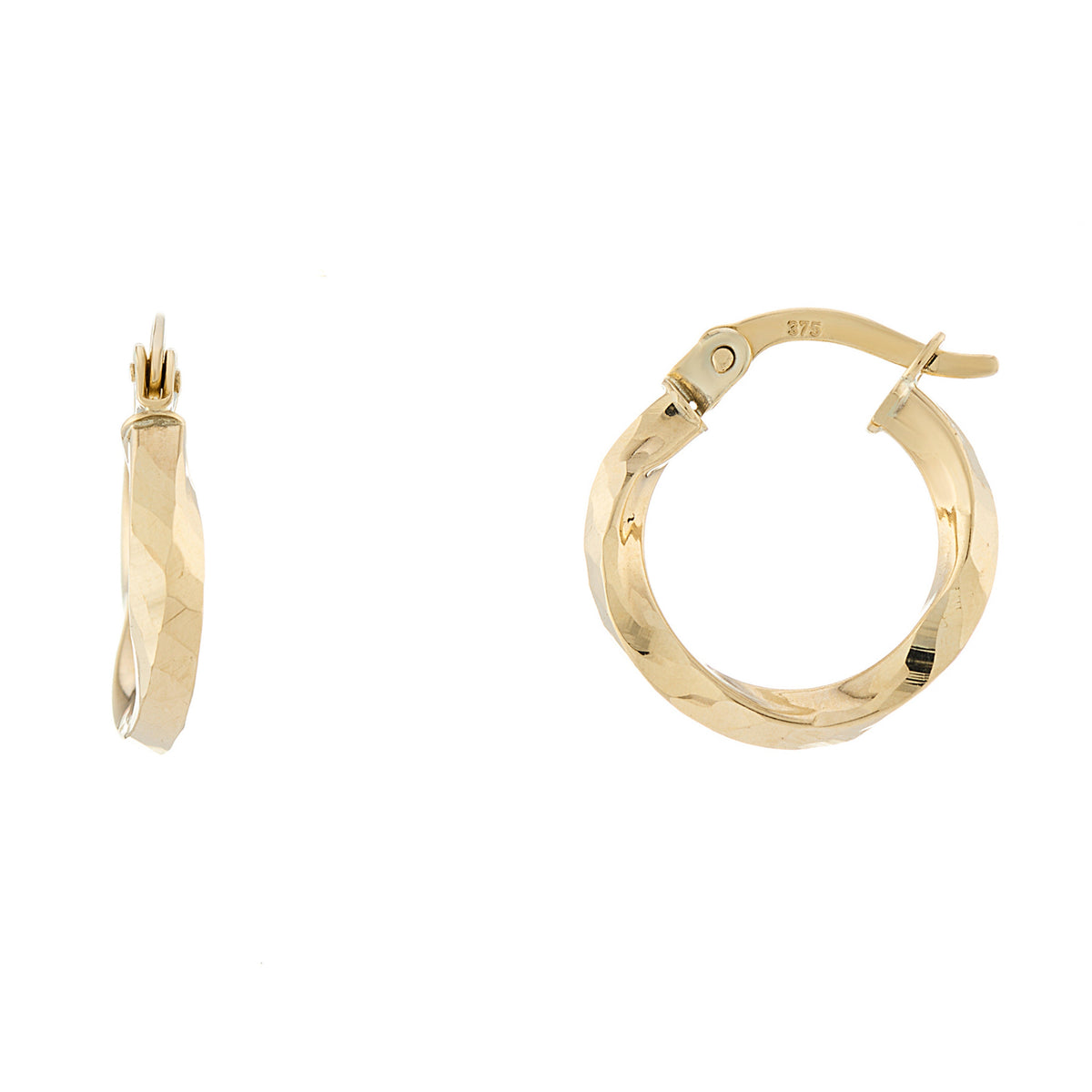 9ct gold 10mm d/c twisted hoop earrings
