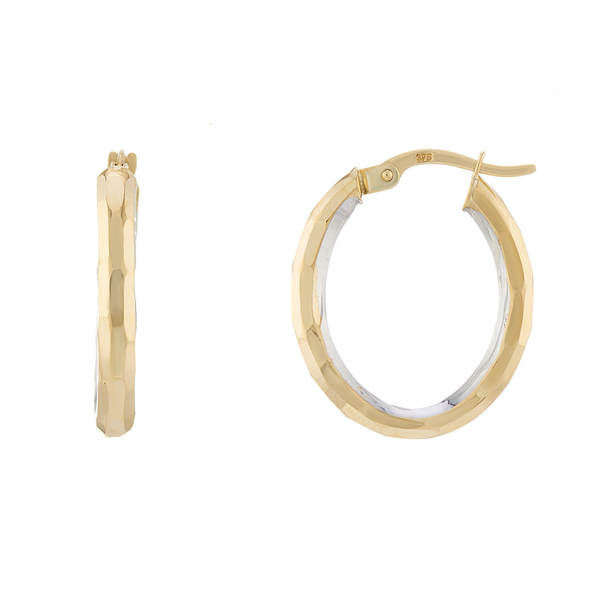 9ct gold 14mm x 18mm d/c hoop earrings with inside rhodiumed