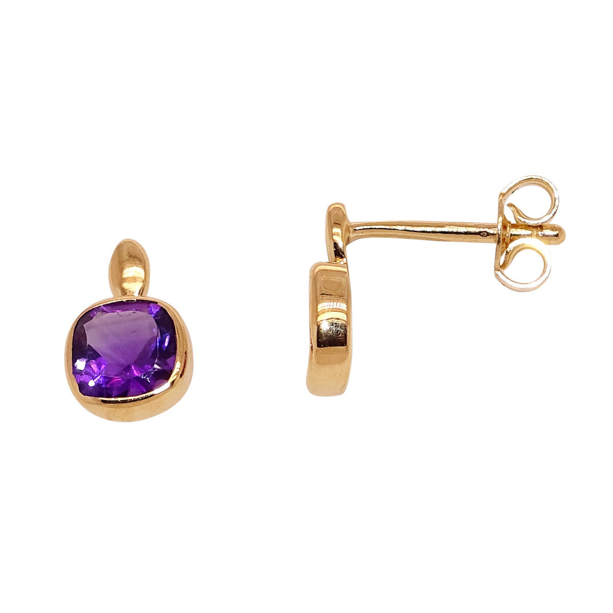 9ct gold 5mm cushion shape rub over set amethyst stud earrings